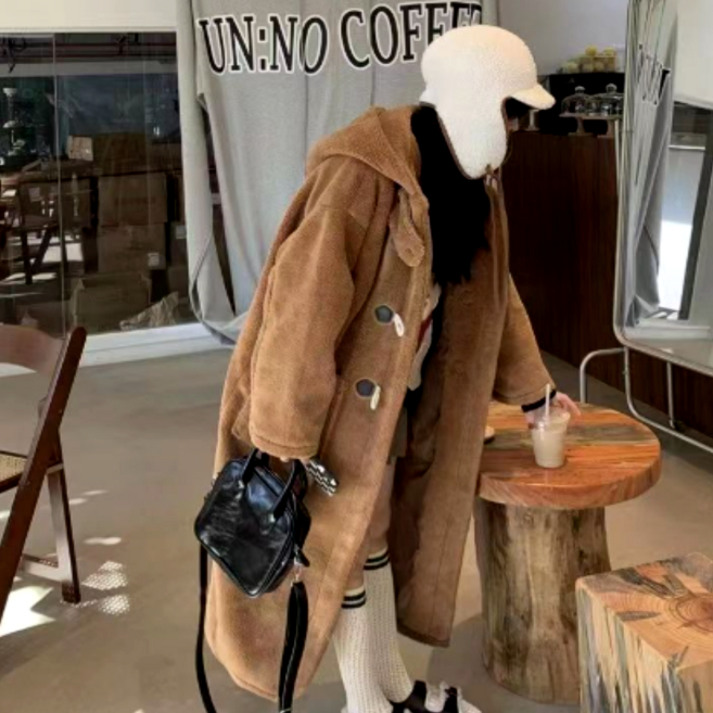 벨로아 여성 떡볶이 후드 포켓 뽀글이 롱 양털 코트