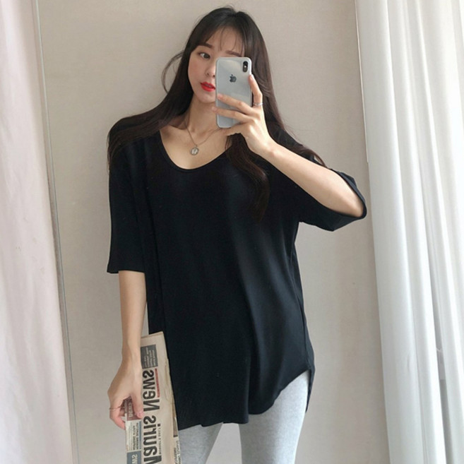 마이쏭 여성 빅사이즈 루즈핏 여리여리핏 힙커버 아인유넥밑단둥근반팔티