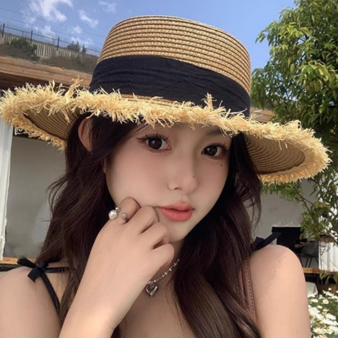여성 리본 플랫 라탄 벙거지 모자 봄 여름 버킷햇 왕골 휴양지 휴가 해외 여행 비치 데일리