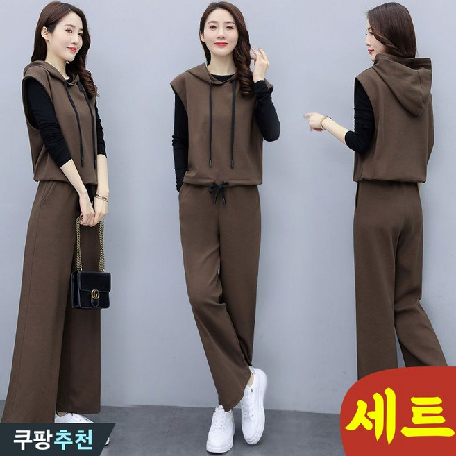 (완전 편한) 날씬해보이는 여성 티셔츠 팬츠 후드조끼 세트 봄 코디 빅사이즈 무지 심플 루즈핏 후드티 베스트 운동복 트레이닝복 블랙 밴딩 와이드 바지 캐주얼 상하세트