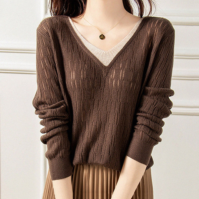 여성 봄 가을 이너 데일리 베이직 레이어드 여성스러운 여리여리 브라운 브이넥 배색 긴팔 니트 이너플러스니트티