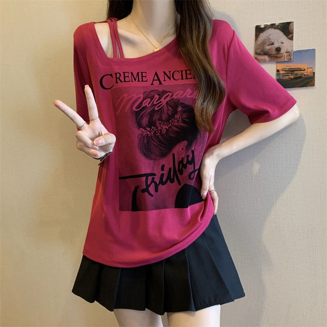 빅사이즈 빈티지 스타일 반팔 티셔츠 여성용 2025 여름 신상품 루즈핏 슬림핏 비대칭 넥라인 상의