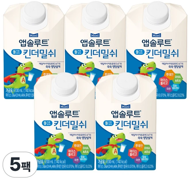 매일유업 앱솔루트 킨더밀쉬, 5개, 200ml, 우유맛 - 쿠팡