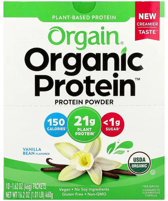 Orgain Organic Protein 분말 식물성 바닐라빈 10팩 46g(1.62oz) OGA-00701, Packet, 46g - 쿠팡