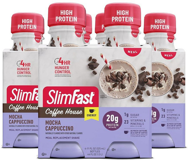 슬림패스트 고급 에너지 고단백 식사 교체 쉐이크 모카 카푸치노 바로 마실 수 있는 카페인이 함유된 단백질 20g 함유 쉐이크 325.3ml(11 액량 온스) 병 4개 (, 모카 에너지, 325.301ml