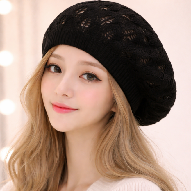 이엠스타일 M21나뭇잎니트 여름 베레모 니트모자 데일리모자