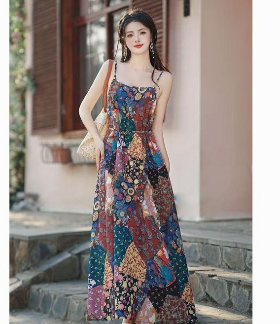 日系復古碎花吊帶長裙, 圖片色,M