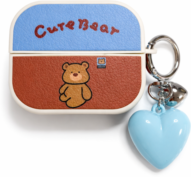 파스텔 레더 갤럭시 버즈3 프로 호환 가죽 하드 케이스 애니멀 시리즈 + 하트 키링, 1개, 스카이브라운 곰돌이, 갤럭시버즈3(프로,FE)공용
