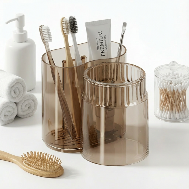 더메이크 무타공 욕실 칫솔거치대 양치컵, 1개, 브라운