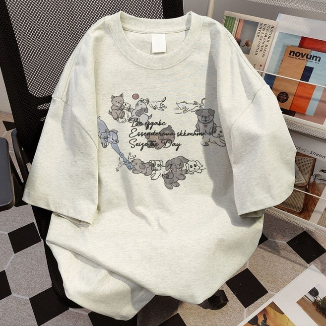 Makone 여성 순면 라운드넥 캐릭터 프린트 캐주얼 반팔 티셔츠 루즈핏 데일리 스쿨룩