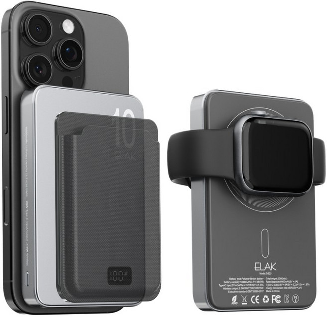 엘락 3in1 초슬림 초경량 무선 자석 맥세이프 고속 충전 5000mAh 보조배터리 에어팟충전 애플워치충전, 10,000mAh / 스페이스그레이