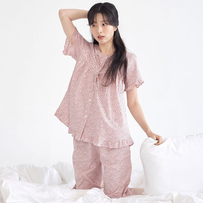 메이플라워 핑크잔꽃 반팔 순면 여성 빅사이즈 잠옷 홈웨어 세트