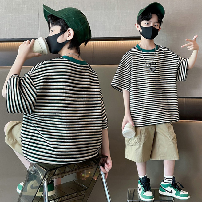 비비키드 주니어 상의 하의 세트 남아 여름 세트 초중생 스트라이프 삼각패치 포인트 반팔티 반바지 초등생 상하세트 (2410)