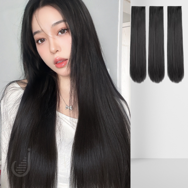 미제르바 생머리 붙임머리 3피스 똑딱이 헤어피스 가발, 1세트, 내추럴 블랙, 50cm