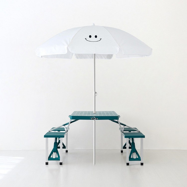 마켓비 ROMIL 스마일 파라솔 + 캠폴 야외 의자일체형 접이식 테이블 4인세트, 베이지(파라솔), 그린(테이블)