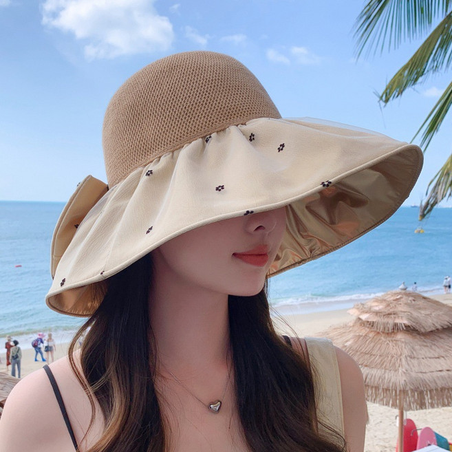 大帽檐防曬帽子女夏季防紫外線漁夫帽遮臉彩膠太陽帽蝴蝶結遮陽帽