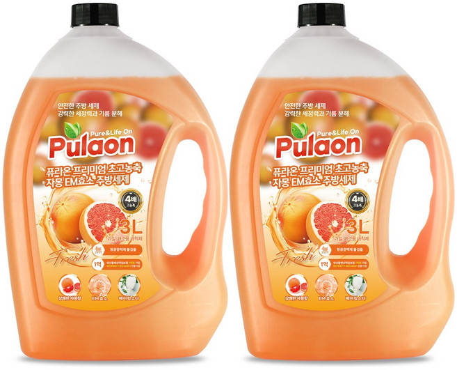 퓨라온 프리미엄 초고농축 자몽 베이킹소다 주방세제 3L 2개, 3000ml
