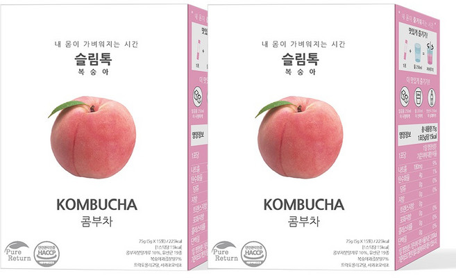 퓨어리턴 슬림톡 콤부차 복숭아 15포 유산균 사과초모식초, 5g, 15개입, 2개