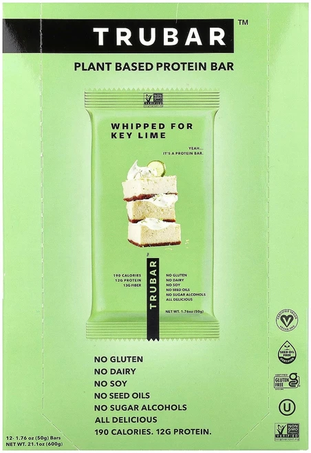 Trubar 식물성 프로틴바 휩트 포 키 라임 12개입 개당 50g(1.76온스), 50g - 쿠팡