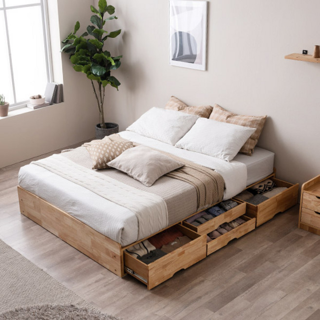 러버 헤드리스 4단 수납 원목 침대(매트제외-퀸), 내추럴