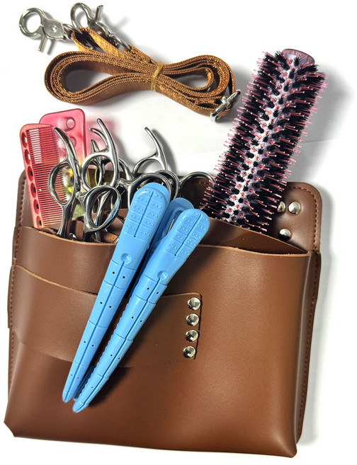 츠키쿠지라 미용사용 통가죽 허리벨트형 수납가방, 1개, 브라운