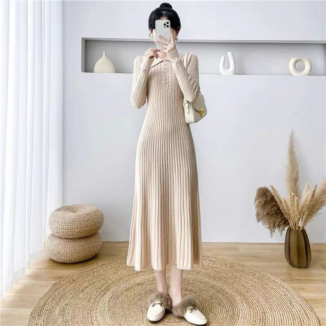 메인워크 여성 폴로넥 니트 원피스 긴팔 봄가을 간절기 프렌치 조임 기질 스웨터 A라인 트위드 데일리 루즈핏 하객룩 스커트