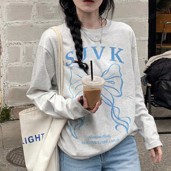 cammello 리본 프린팅 꾸안꾸 긴팔 티셔츠 여성 빅사이즈 편한 박스티 면 긴팔티