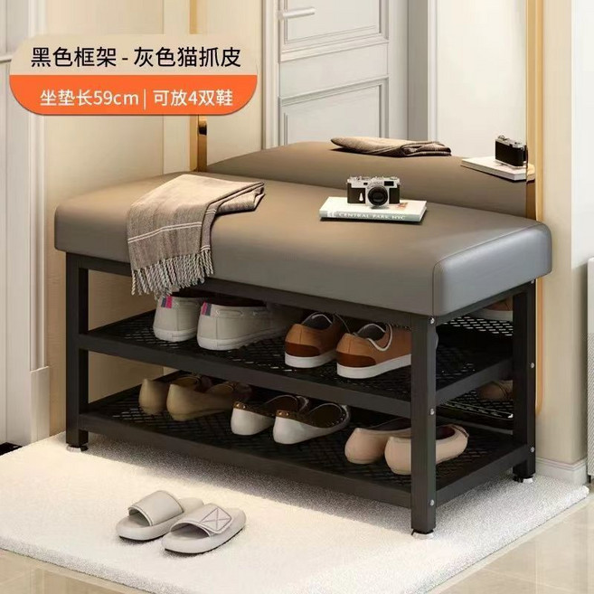 輕奢軟包換鞋凳 橘色貓抓皮 119cm長 可坐式鞋架, 1個, 灰色 貓抓皮 59 x 30 x 49cm