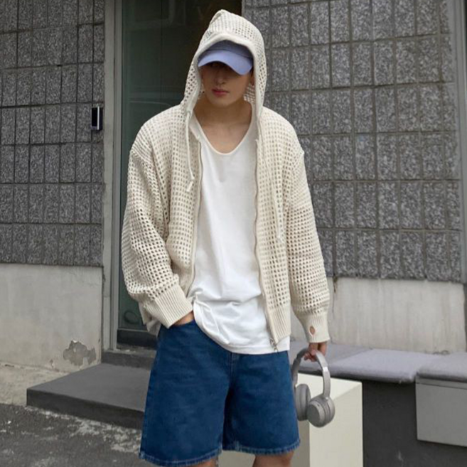 besteffie 여름가디건 남성용 후드가디건 루즈핏 펀칭 긴팔가디건 캐주얼 패션 빅사이즈 남자 카디건 C58