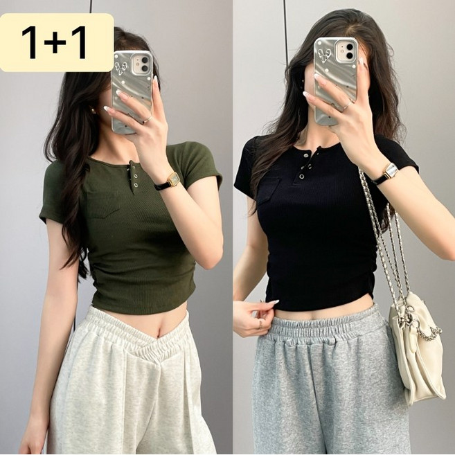 몸매가 예뻐보이는 옆셔링 포켓 크롭 반팔 티셔츠1+1