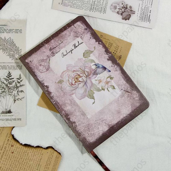 레트로 감성 크라프트지 두꺼운 유럽풍 빈티지 스타일 다이어리 꾸미기 예쁜노트 비밀일기장 대학노트 활용 가능, 1개, 복고풍의 시간 모란 꽃