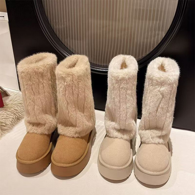 36-43 大碼女鞋41寬腳肥腳毛毛厚底雪地靴冬季加絨加厚中筒棉靴42