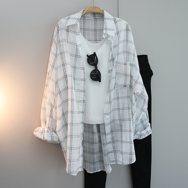 달콩 아사썸머체크롱셔츠 빅사이즈 오버핏 카라셔츠 남방 긴팔 체형커버 데일리룩 자외선차단