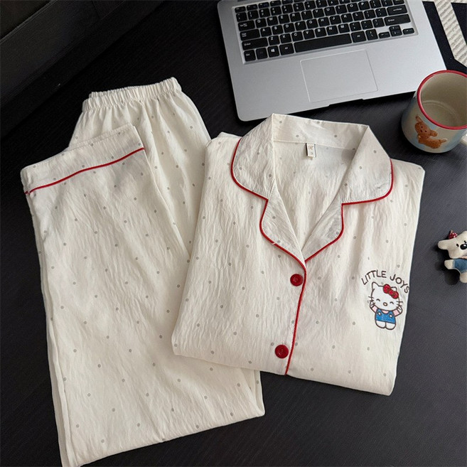 THE BLOOMING 여성 봄 여름 가을 잠옷세트 폴카도트 헬로키티 프린트 구름 소프트 코튼 긴팔 상하의 파자마