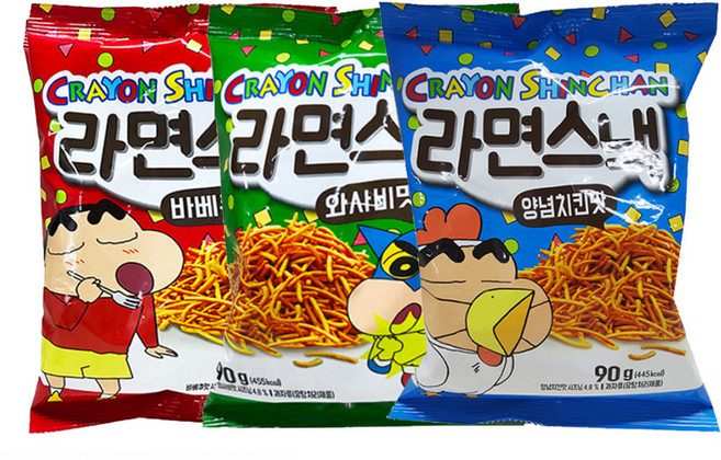 크레용신짱 짱구 라면스낵 90g 3가지 맛 총6개 바베큐 + 양념치킨 + 와사비, 6개