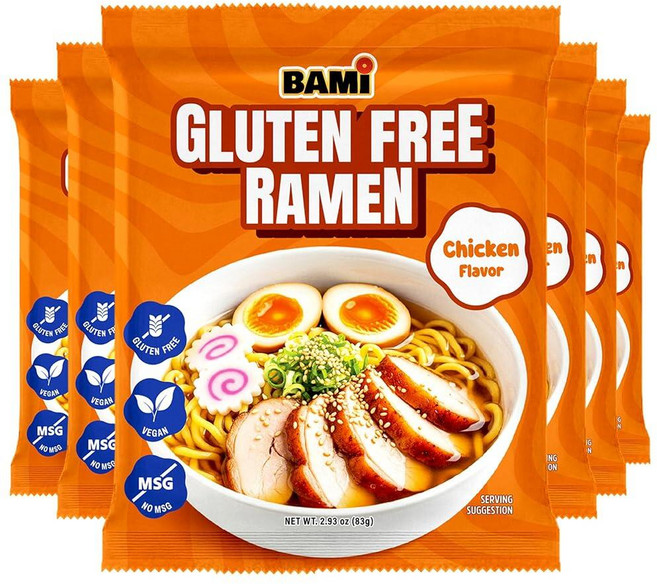BAMI 글루텐 프리 라멘 국수 (치킨 맛) 비건 라면 저염 라면 6팩 GF 라멘125196, 83g