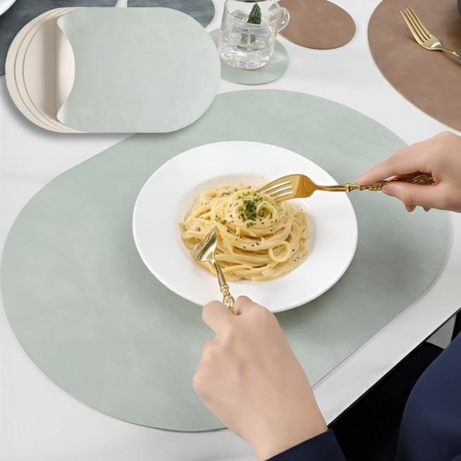 도토리컴퍼니 식탁매트 가죽 방수 테이블매트, 4개, 44 x 29.5 cm, 그린 + 아이보리