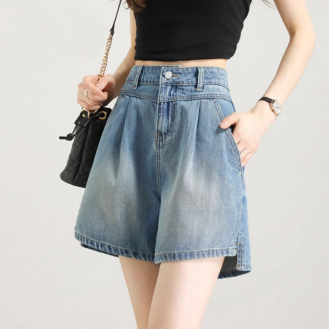 SAHINER 여성 하이웨스트 데님 와이드 반바지 봄여름 캐주얼 BDK34