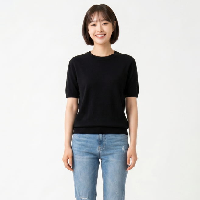YEON HOME 라운드넥 반팔 니트 티셔츠 데일리 여성