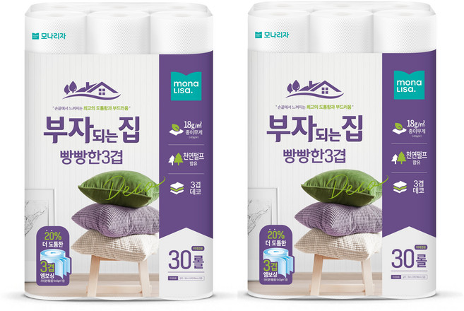 부자되는집 빵빵 두루마리휴지 3겹화장지 30m 30롤2팩, 30롤, 2세트