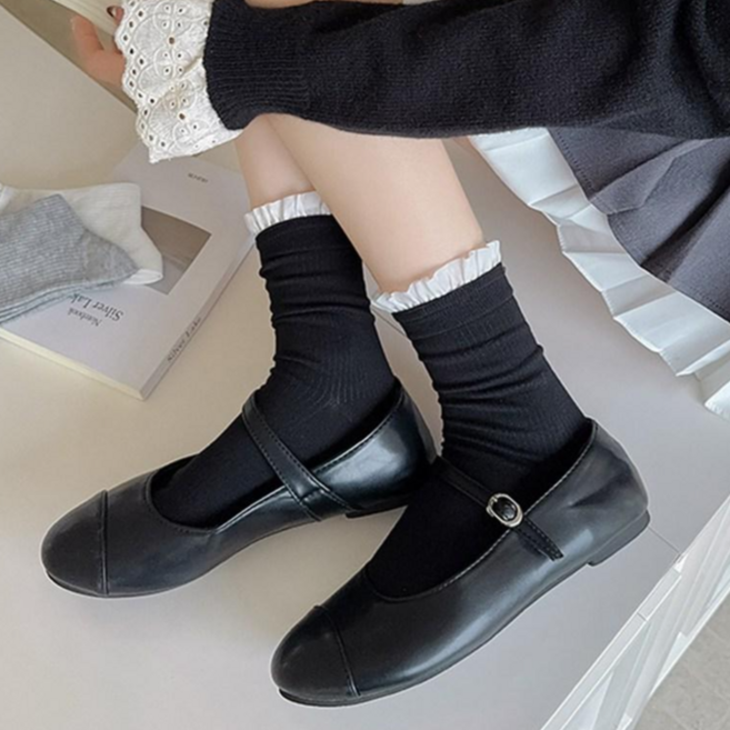 Strawberry Party 여성 레이스 발레풍 중목양말 무봉제 얇은양말 순면 패션 양말 4켤레 23-25cm