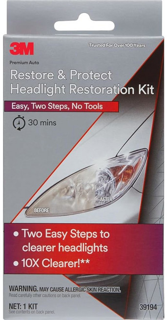 3M 자동 복원 및 보호 헤드라이트 키트 플라스틱 헤드라이트 테일라이트 안개등에 사용 가능 샌딩 디스크 클리어 코트 물티슈 폼 패드 장갑 포함 (39194), 1개