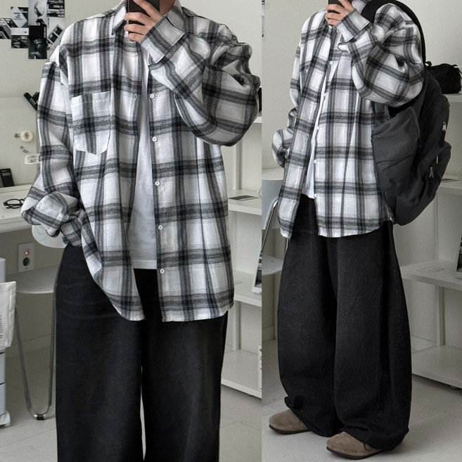 르위 오버핏 체크 후드 셔츠 카라남방 긴팔 빅사이즈 간절기