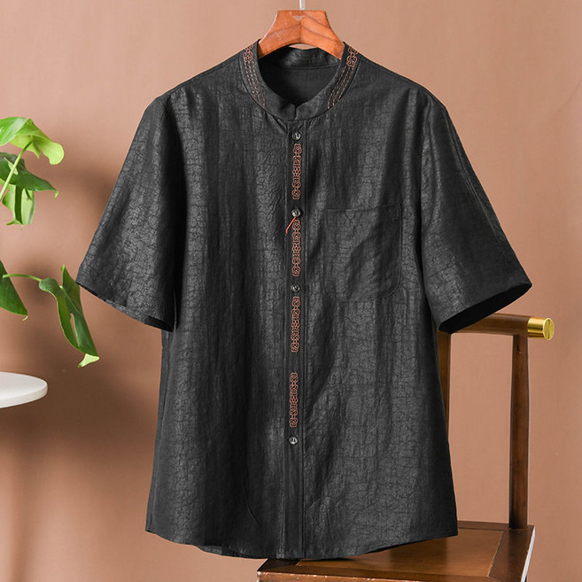 刺繡工藝復古中國風真絲龜裂紋香雲紗短袖襯衫男士夏季刺繡桑蠶絲