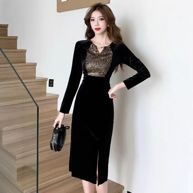 TKX 벨벳원피스 여성용 고급스러운 벨벳 드레스 가을 겨울 미디 원피스 슬림핏 K37