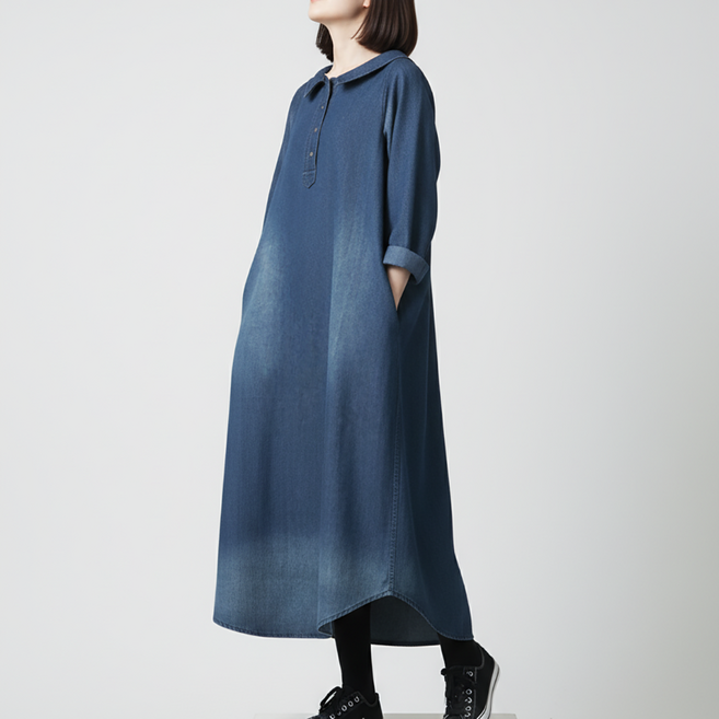 블랙루비스 데님 셔츠 원피스 여성 카라 긴팔 청원피스 롱 맥시 빅사이즈 체형커버 데일리룩 DLGP0011