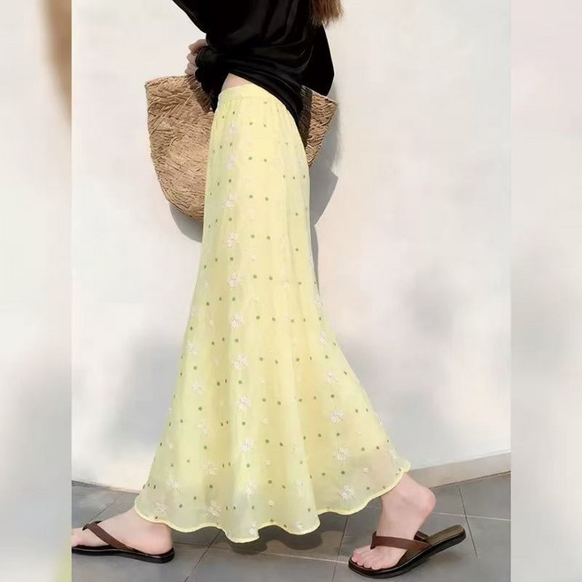 페이준 여성 봄 여름 패션 도트 롱 쉬폰 스커트 하이웨스트 날씬해 보이는 롱스커트 YJ5680