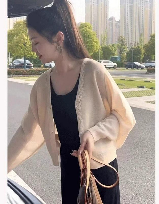 韓系 冰絲薄外套 涼感針織罩衫 女 短版長袖外搭