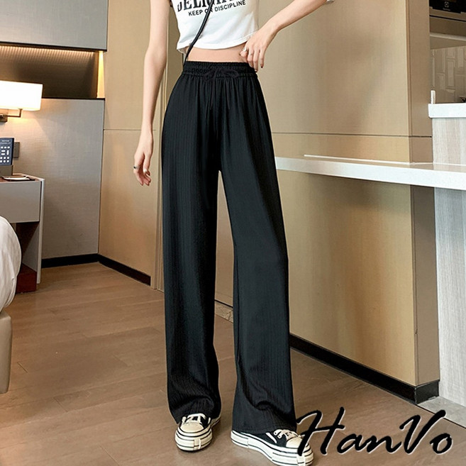 HanVo 冰絲涼感垂感寬褲 顯腿長 俐落有型 鬆緊腰 藏肉顯瘦 女生長褲A04-2641