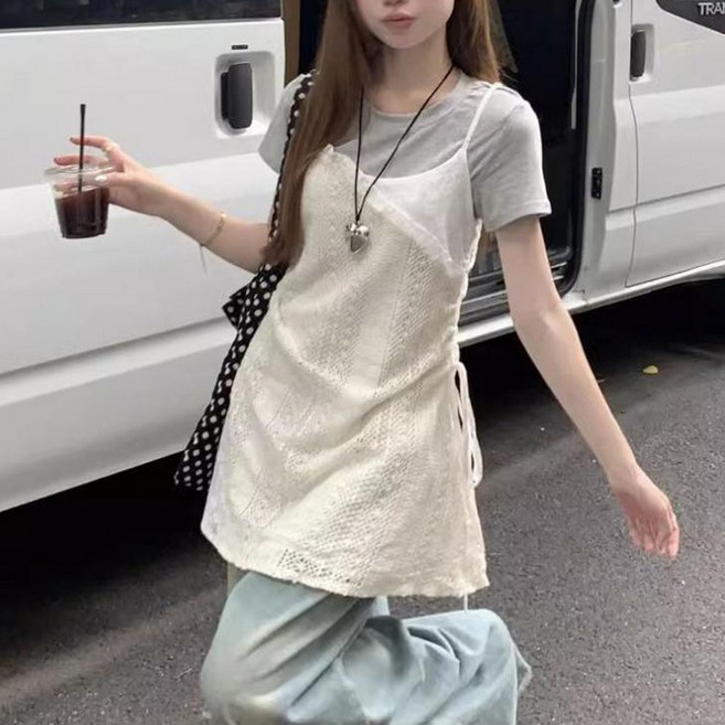 cammello 보헤미안 셔링 레이어드 원피스 아일렛 나시 드레스